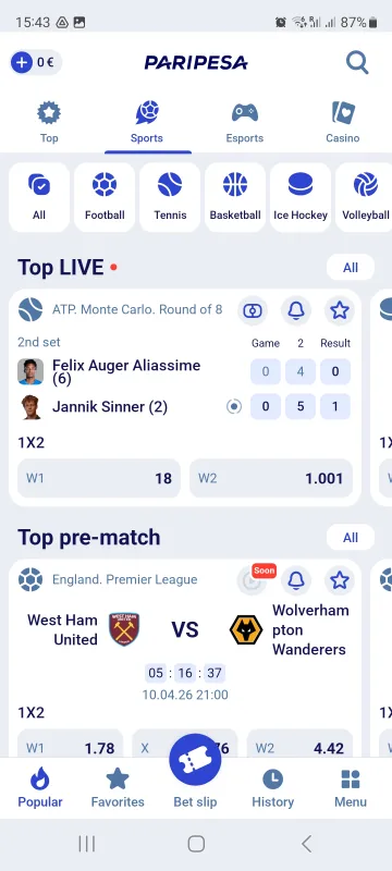 Paripesa mobile interface